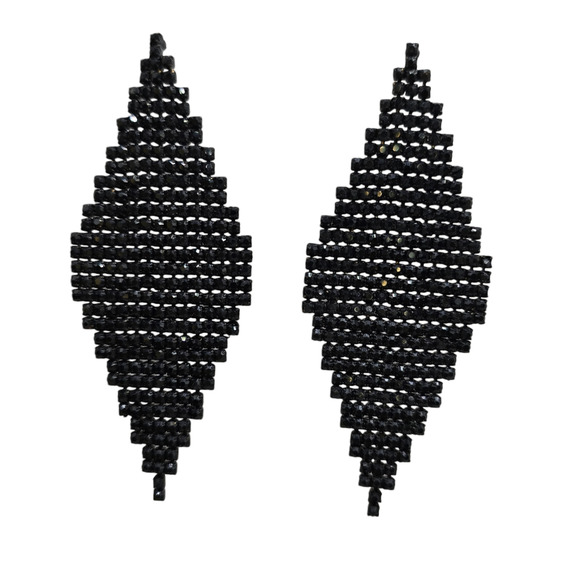 Pierced Earrings Black Beaded Rhinestone Diamond Shape Dangle Drop Bold SKU2780 - Picture 6 of 6